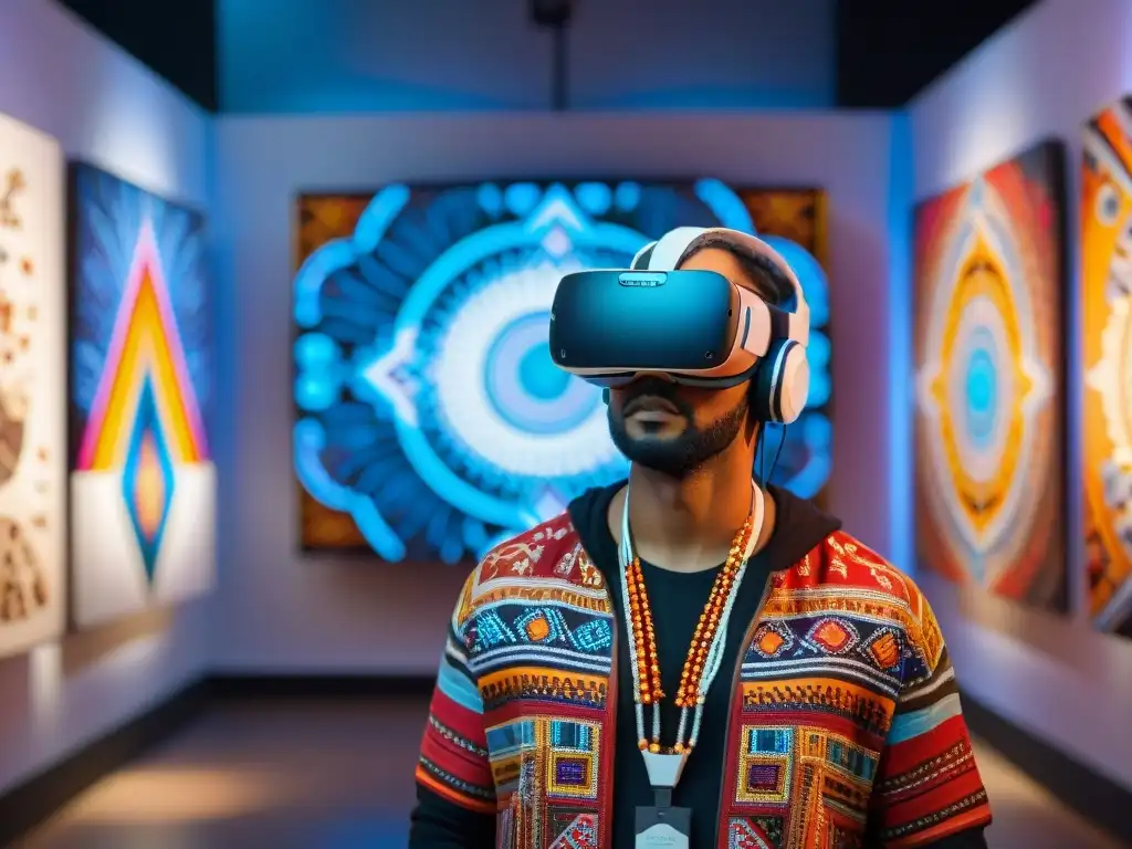 Persona usando auriculares de realidad virtual en exposición de arte indígena virtual