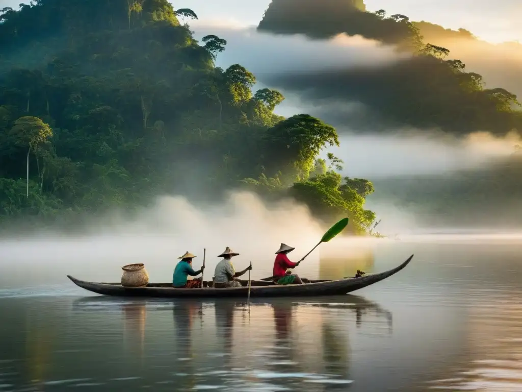 Pesca indígena al amanecer en el río Amazonas, armonía con la naturaleza