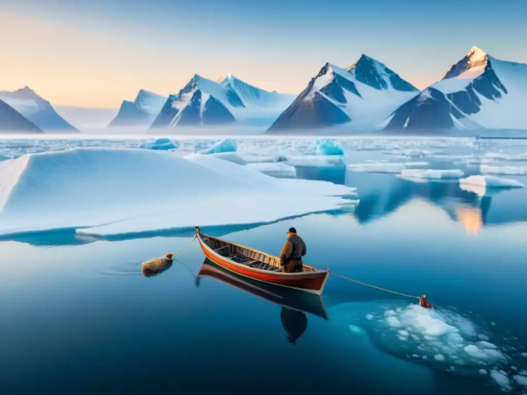 Un pescador inuit lanzando una red al mar ártico desde su bote de madera, resaltando los Derechos de pesca de los Inuit