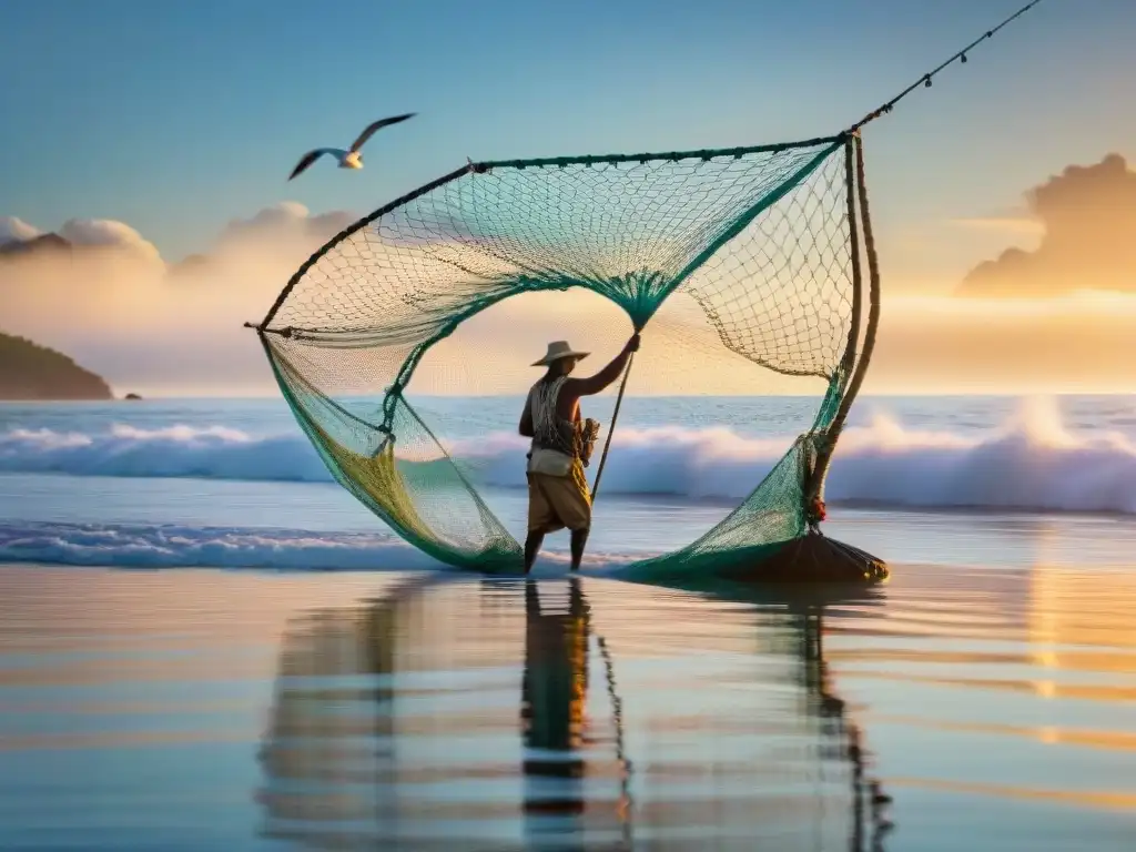 Un pescador indígena lanza una red al mar al amanecer, reflejando el cielo vibrante