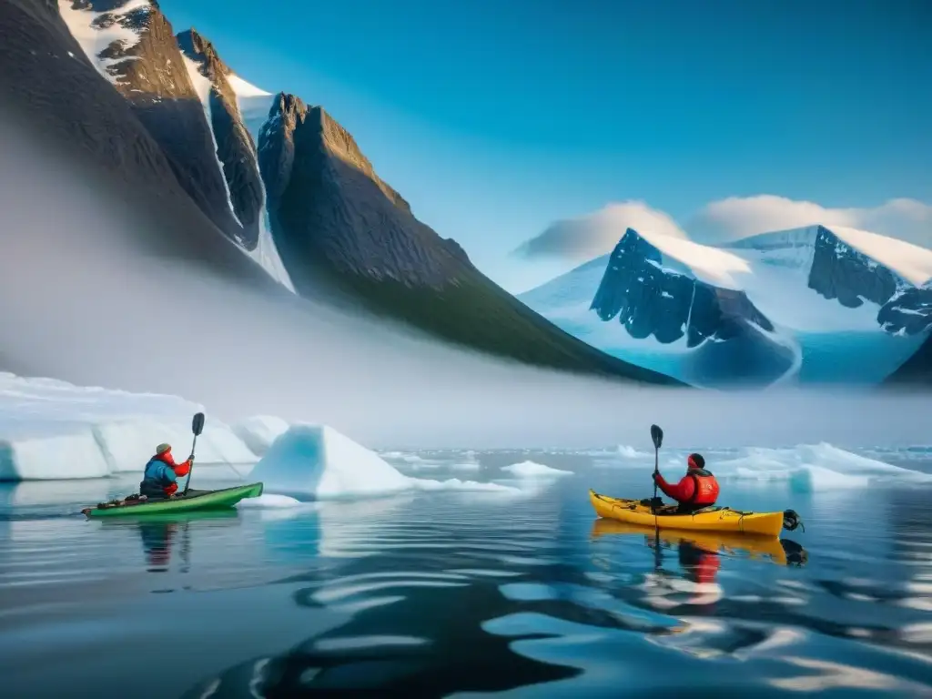 Pescadores Inuit navegan en kayaks por aguas heladas en paisaje ártico