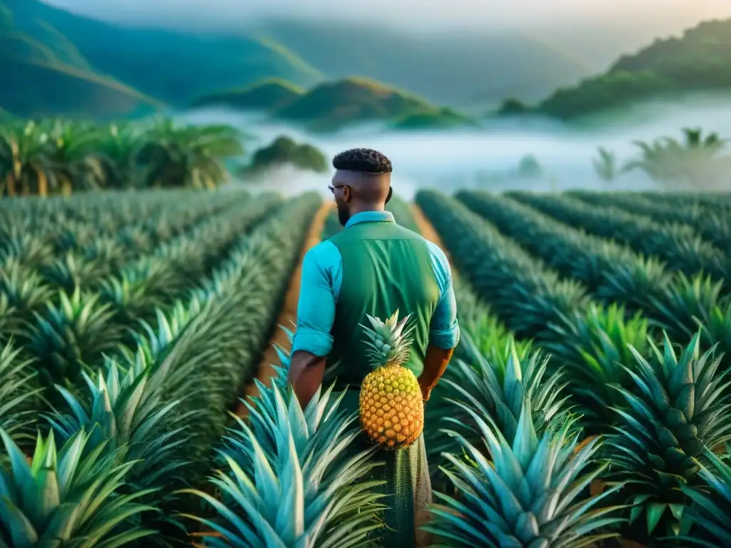 Plantación de piñas exuberante al amanecer con agricultores indígenas cosechando con cuidado