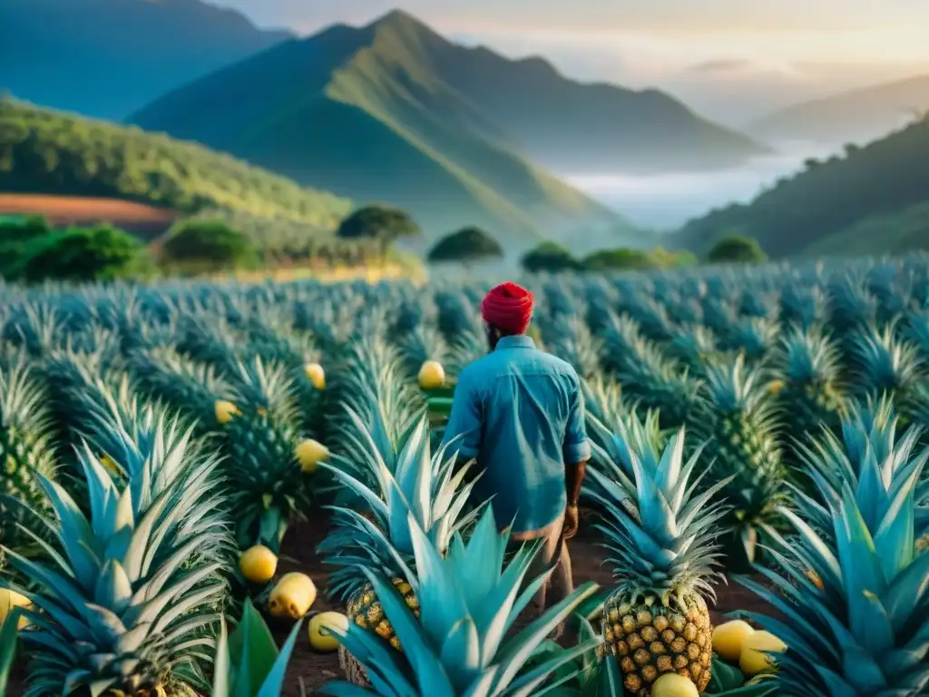 Plantación de piñas exuberante al amanecer, cultivada por indígenas en armonía con la naturaleza