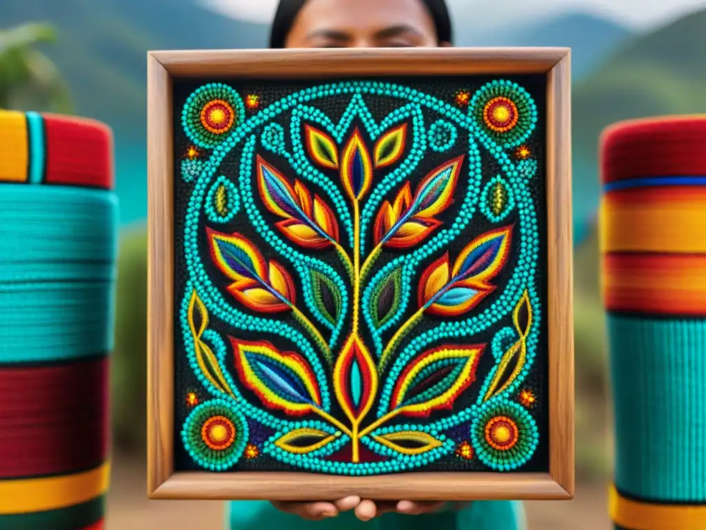 Pintura huichol de peyote rodeado de patrones geométricos y colores vibrantes, reflejando la preservación de la cultura ante la globalización