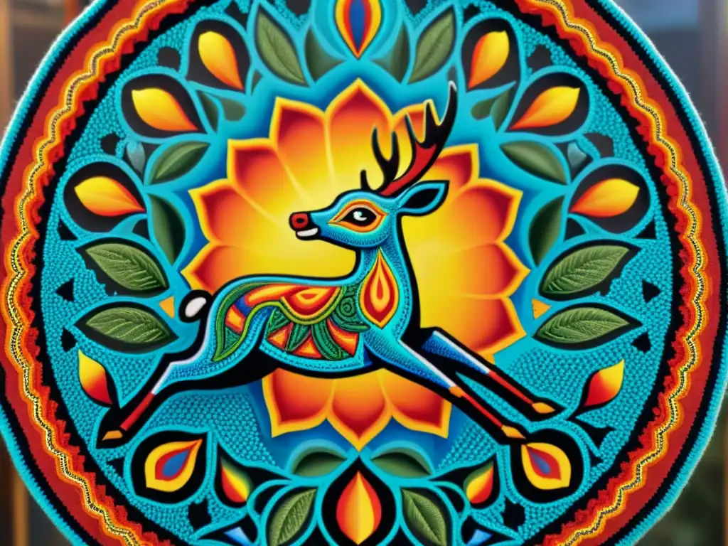 Pintura de lana Huichol detallada con símbolos tradicionales y significados culturales