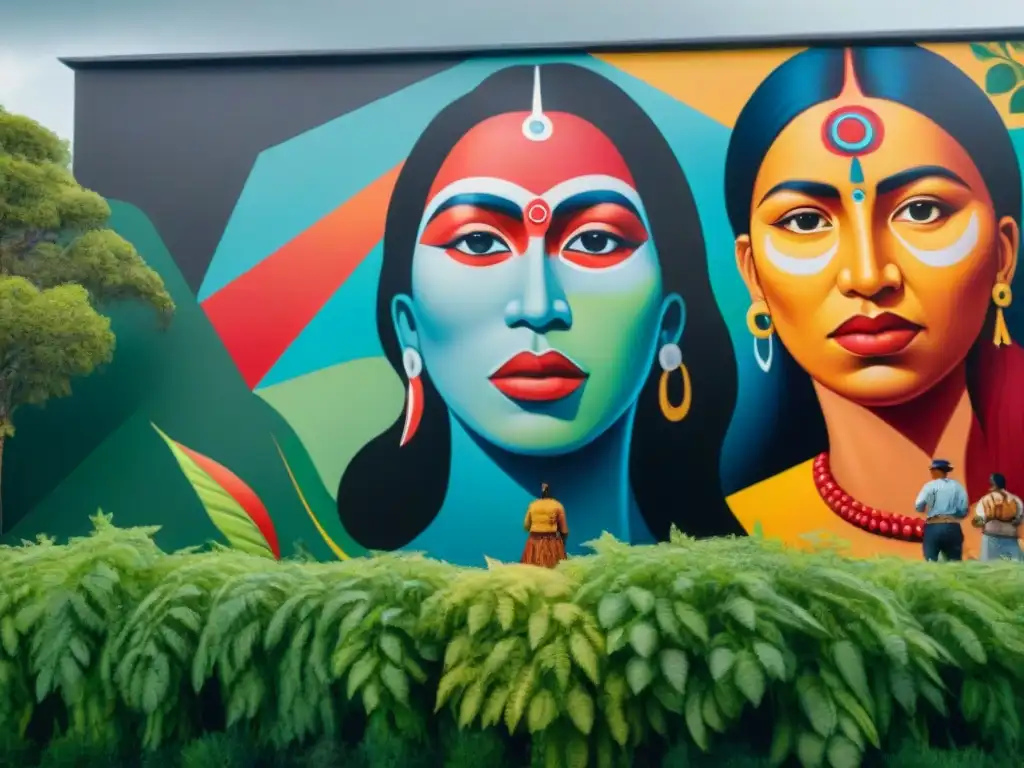 Pintura mural de artistas indígenas creando arte como activismo, representando su herencia cultural y lucha por derechos indígenas