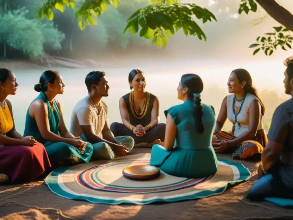 Taller de revitalización lingüística: celebración cultural al atardecer Plataformas streaming lenguas indígenas América: Comunidad indígena celebra y comparte tradiciones en taller al atardecer
