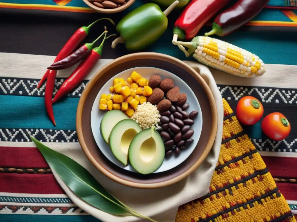 Un plato ceremonial de culturas indígenas de las Américas, con ingredientes vibrantes y coloridos en un patrón ceremonial de unidad y comunidad