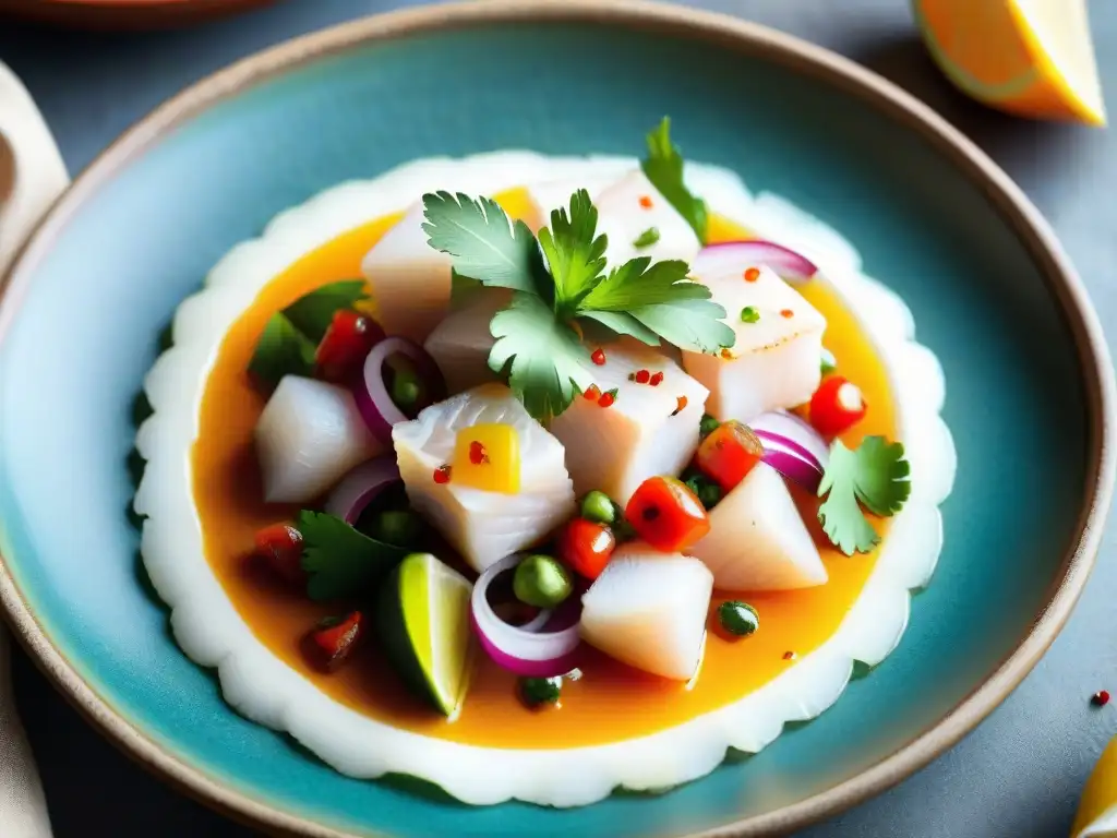 Plato de ceviche peruano, origen indígena platos alta cocina, fresco y colorido