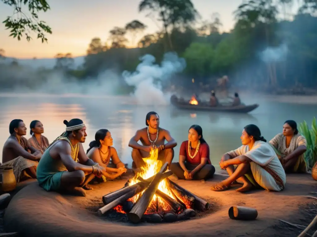 Una poderosa imagen de indígenas reunidos alrededor de una fogata en el bosque, reflejando su cultura y conexión con la tierra