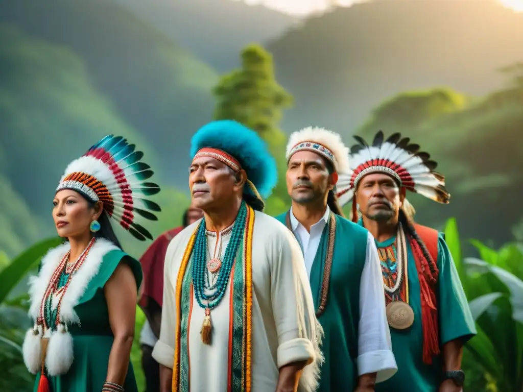 Una poderosa imagen de líderes indígenas unidos en defensa de los derechos, con vestimenta tradicional y fondo de bosque