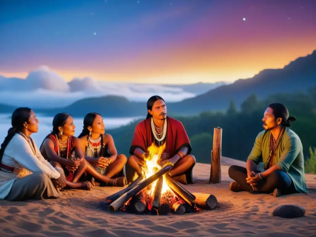 Poetas indígenas junto al fuego: tradición y resistencia Poetas indígenas contemporáneos de América compartiendo historias alrededor de fogata en noche estrellada