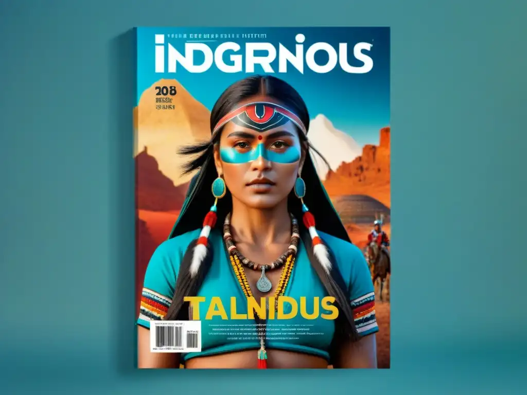 Una portada de revista digital con arte indígena tradicional y diseño moderno, fusionando lo ancestral con lo contemporáneo