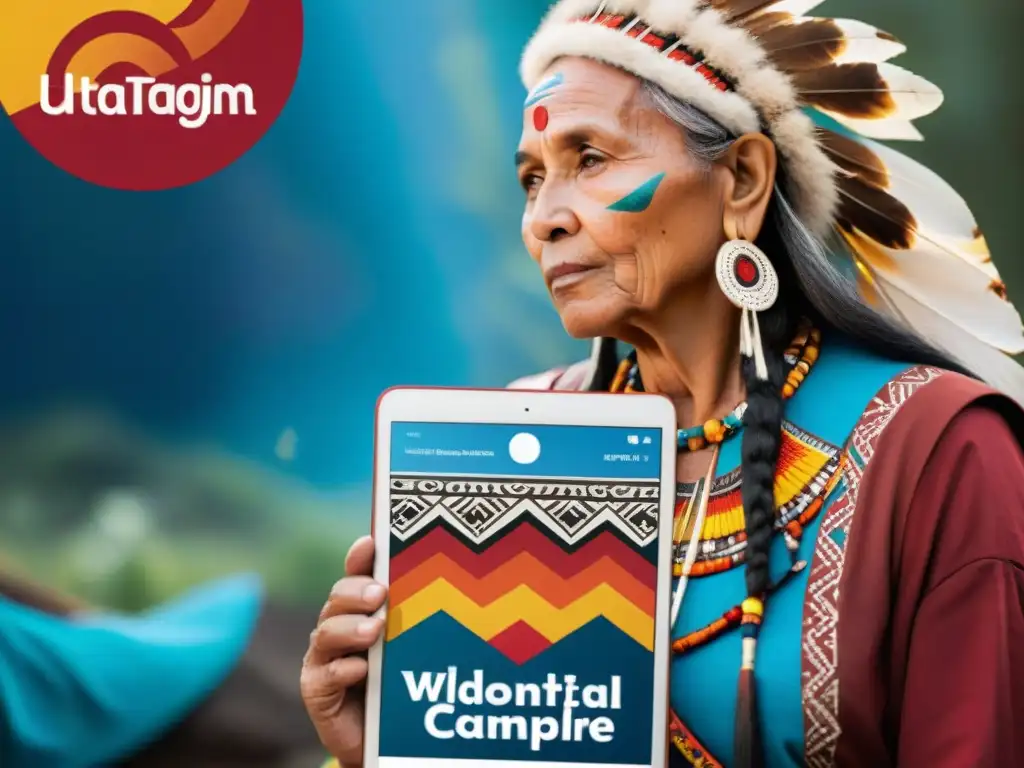 Una portada de revista digital vibrante con arte indígena tradicional de América del Norte y colores tierra, resaltando en rojo, azul y amarillo