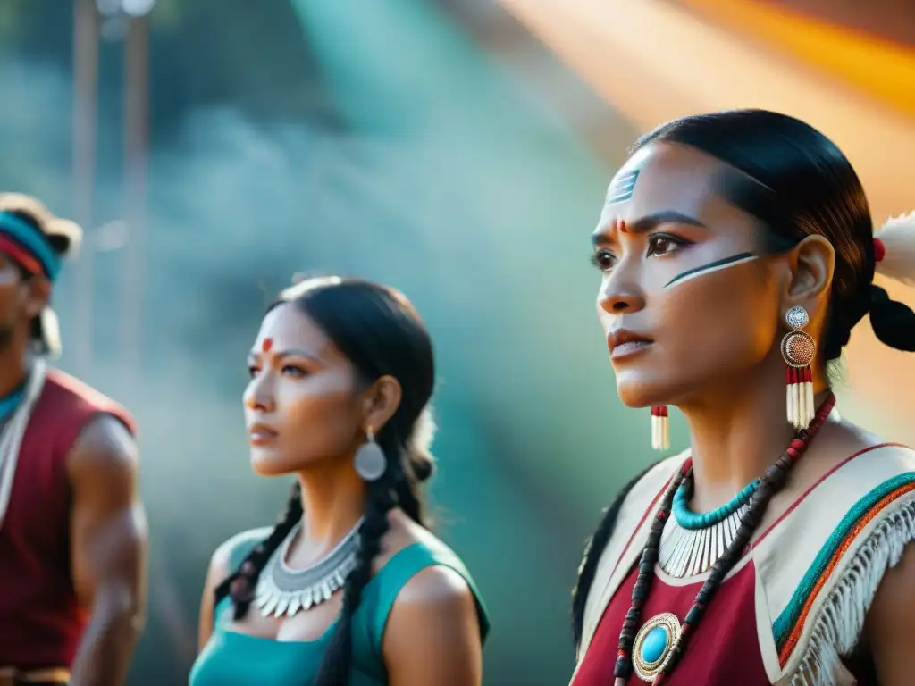 Representación positiva actores indígenas ensayando con determinación y orgullo en un set de filmación, fusionando tradición y modernidad