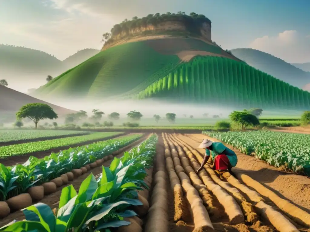 Prácticas agrícolas indígenas enfrentando el cambio climático: agricultores plantando cultivos resilientes bajo el sol abrasador