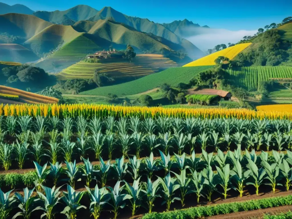 Prácticas agrícolas indígenas en armonía: milpa vibrante con maíz, frijoles y calabaza, agricultores tradicionales y cielo azul