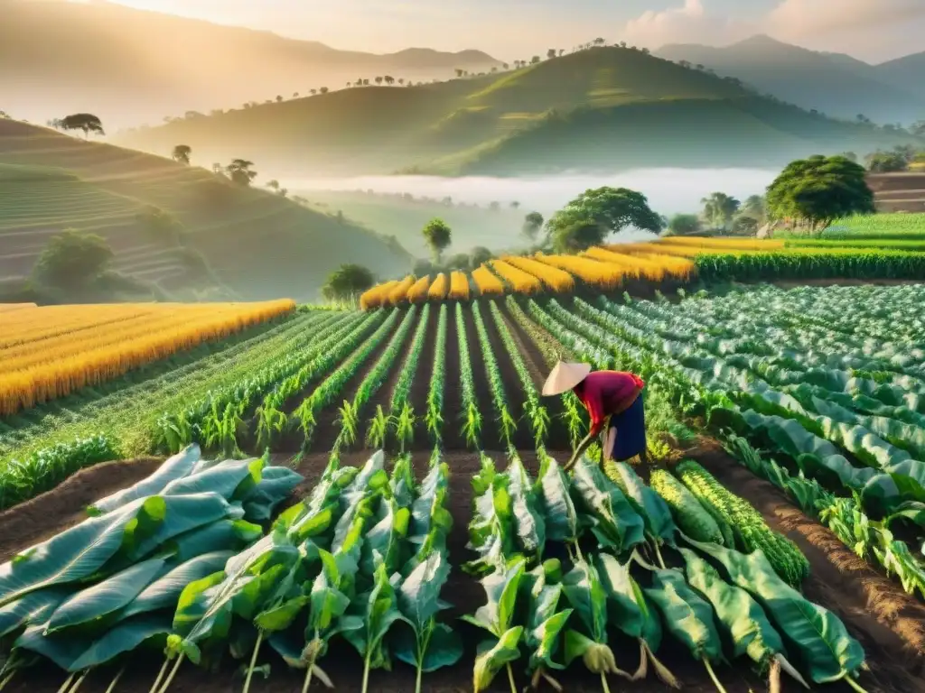 Prácticas agrícolas indígenas en una vibrante y armoniosa imagen de cultivos tradicionales