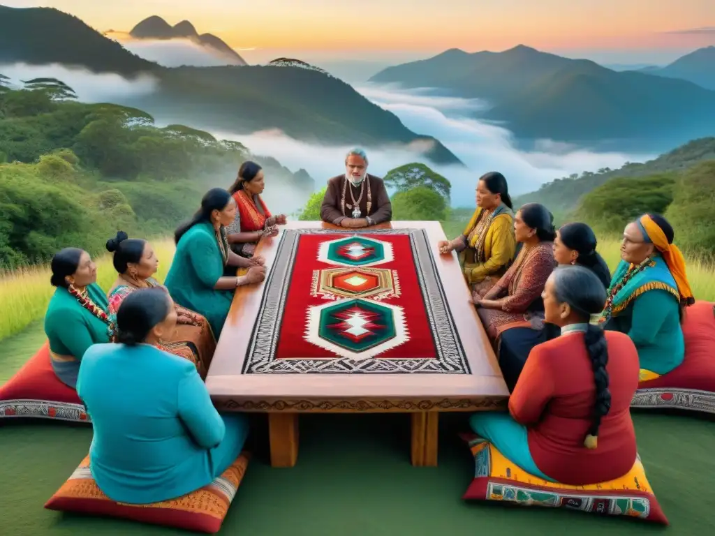 Prácticas de consenso en comunidades indígenas: Reunión alrededor de mesa decorada en paisaje vibrante al atardecer