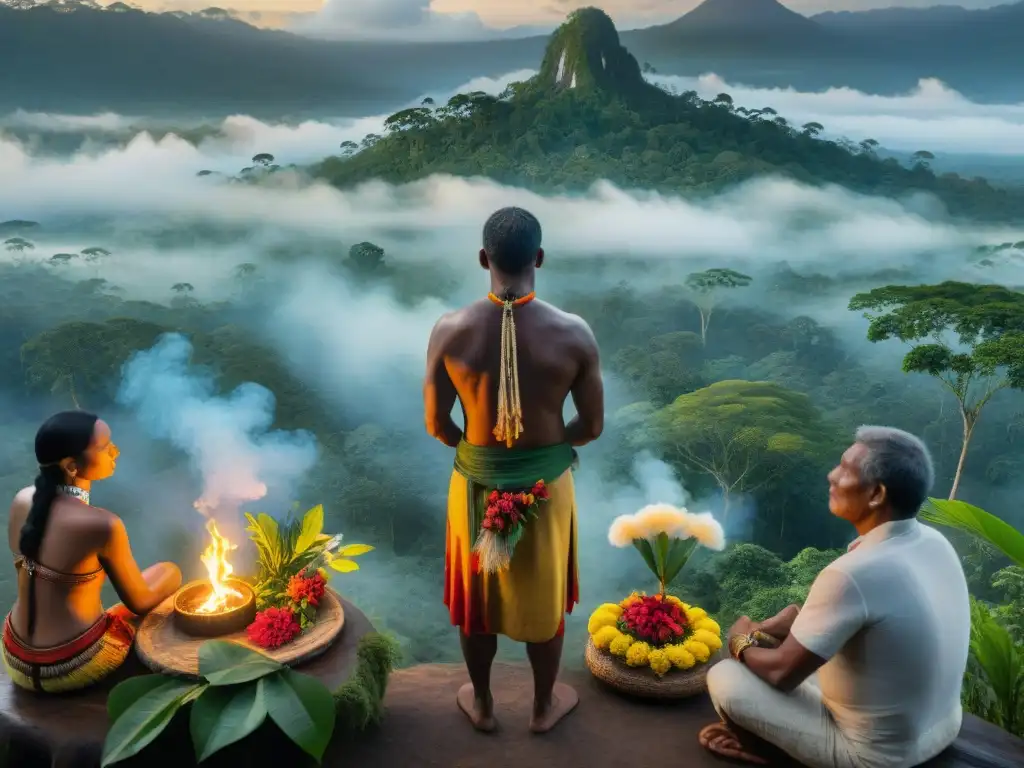 Prácticas espirituales indígenas Américas: ceremonia sagrada al amanecer en la selva amazónica, chaman rodeado de comunidad con ofrendas florales