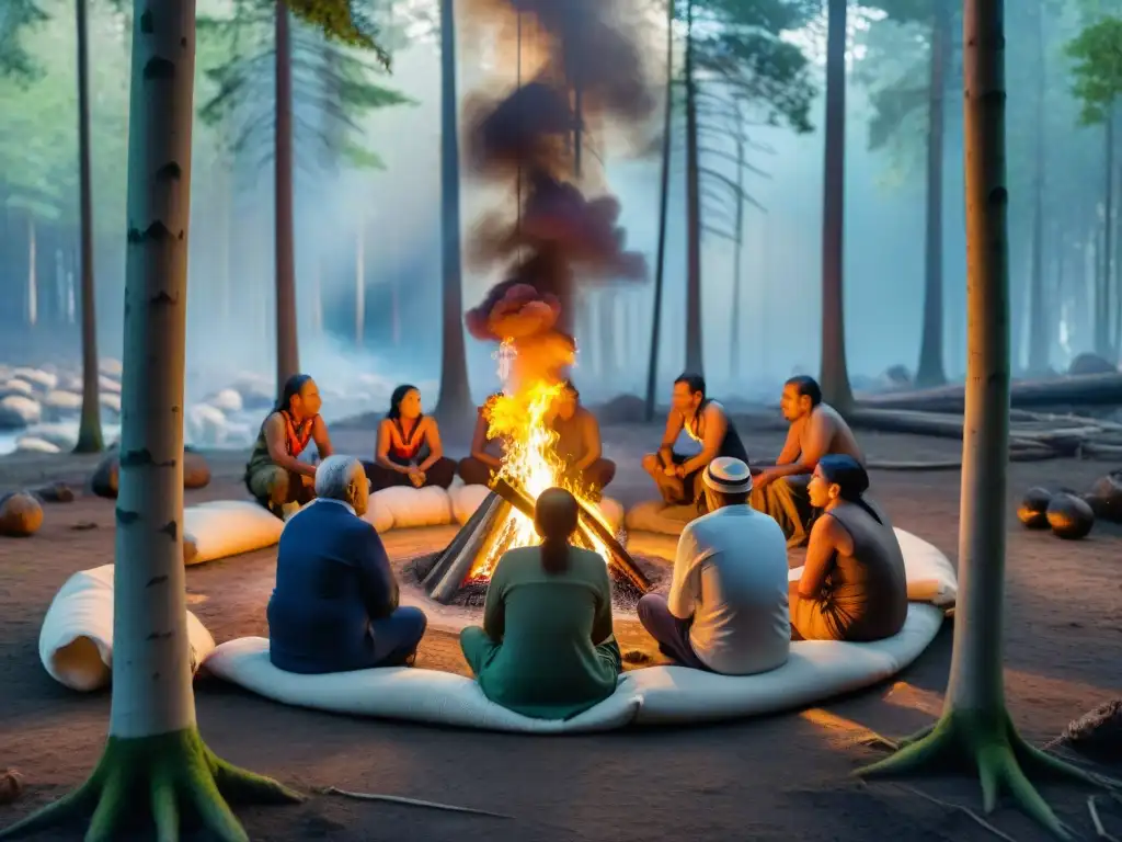 Prácticas indígenas: ancianos en ceremonia alrededor del fuego en bosque ancestral