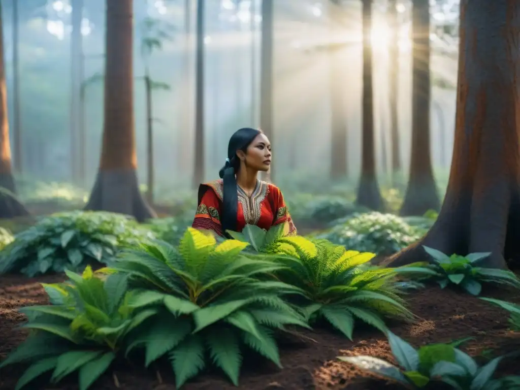 Prácticas indígenas adaptación cambio climático: Grupo plantando árboles nativos en bosque exuberante, colores vibrantes y luz filtrada