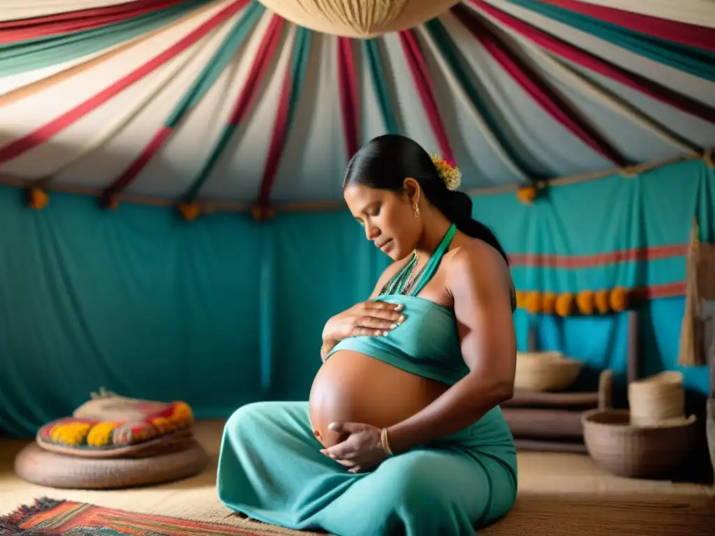 Partera indígena acompaña parto en choza tradicional Prácticas indígenas parto maternidad: Partera indígena ayuda a mujer embarazada en cabaña de parto tradicional