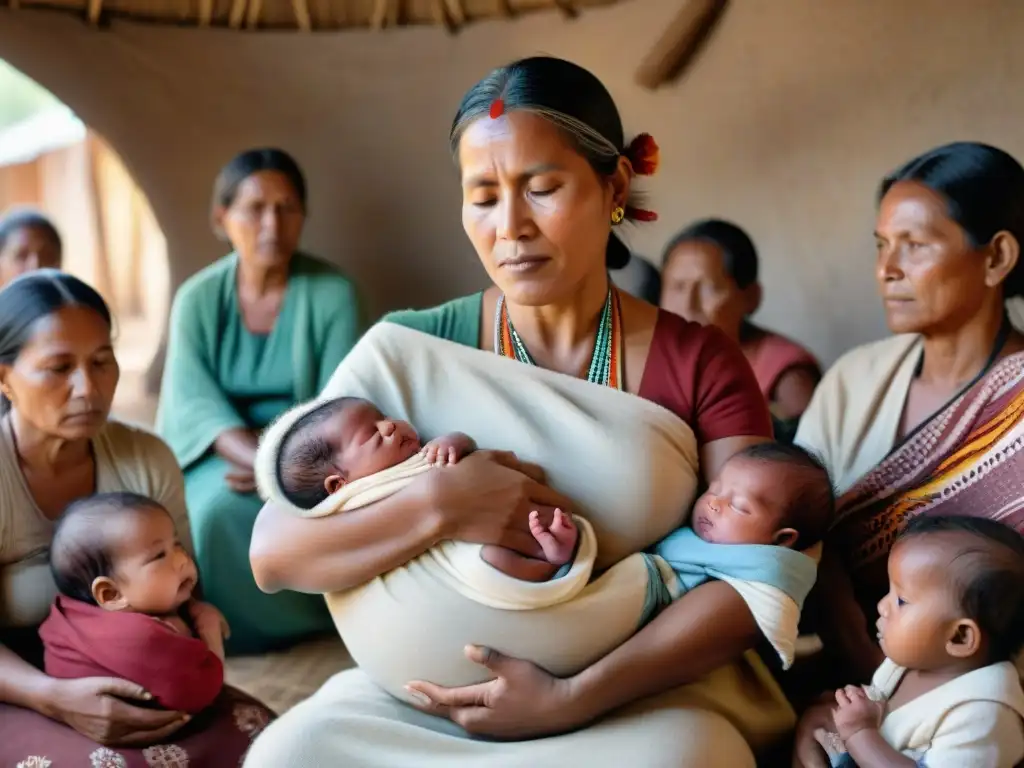 Parto sagrado: la sabiduría de la partera indígena Prácticas indígenas parto maternidad: Una partera tradicional sostiene con dulzura a un bebé recién nacido en un círculo de apoyo y reverencia