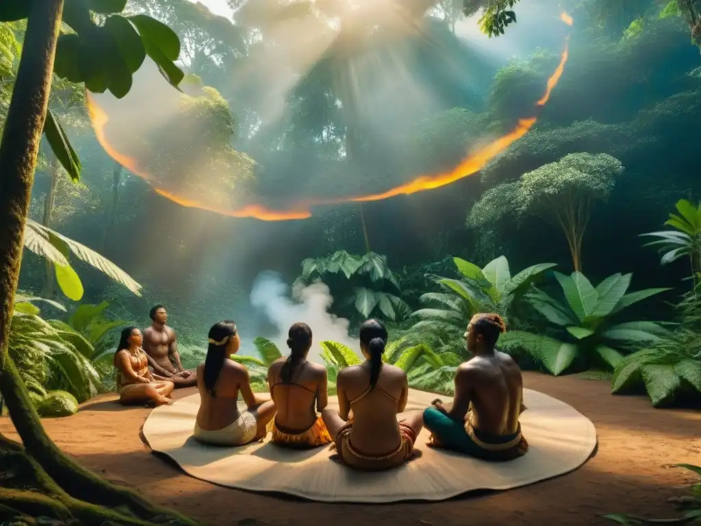 Prácticas indígenas fortalecen la voluntad: grupo en meditación en la selva, rodeados de naturaleza y luz del sol filtrada entre los árboles