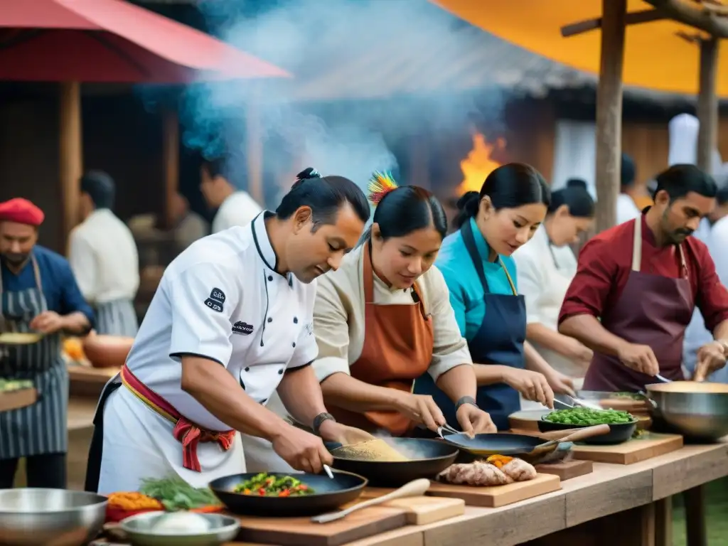 Preparación de delicias en festivales indígenas: Chefs preparan platillos tradicionales rodeados de color y cultura