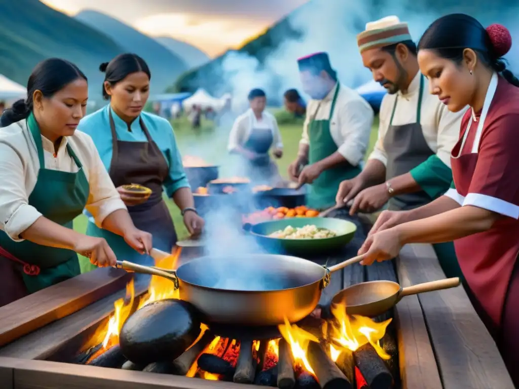 Preparación de delicias en festivales indígenas: Cocineros indígenas preparan coloridos platillos en festival vibrante