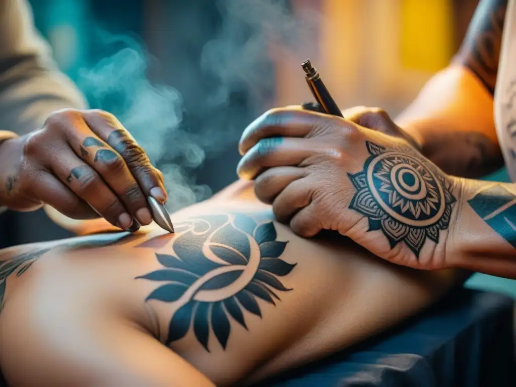 Proceso de tatuaje indígena: manos expertas aplican un diseño cultural