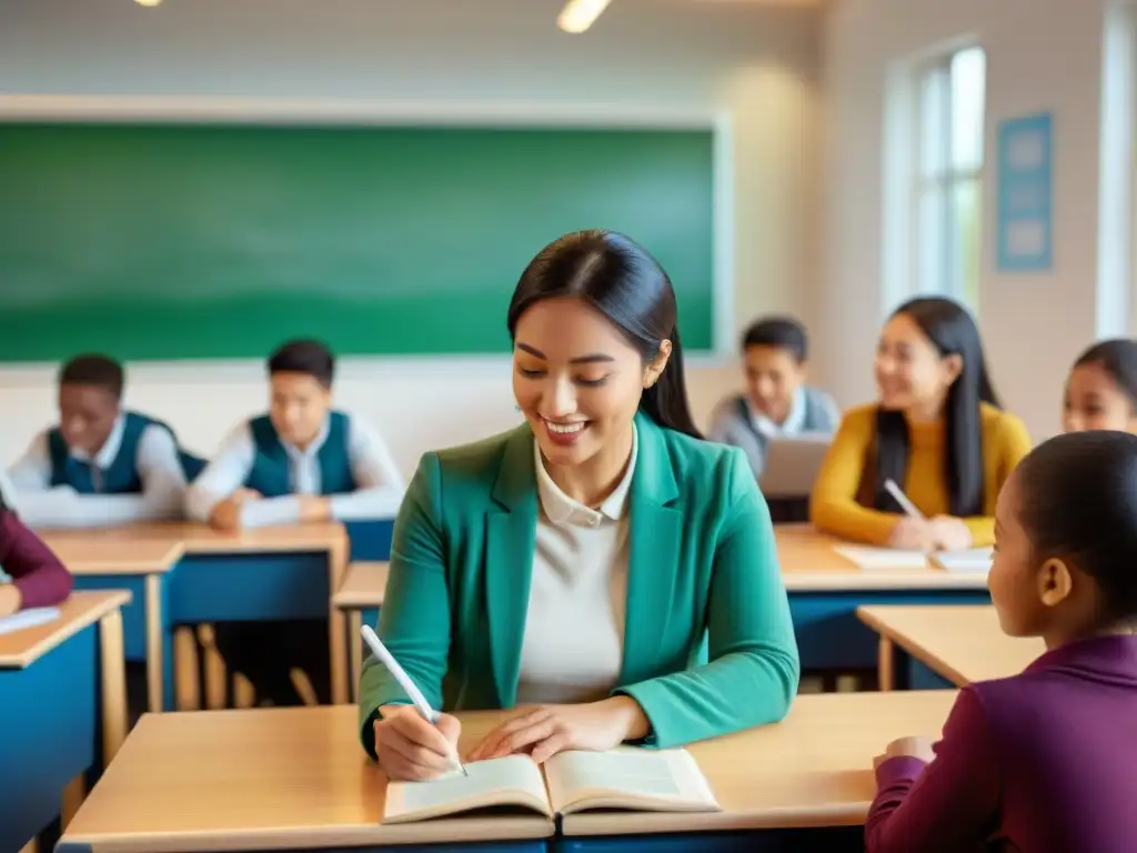 Profesora enseña con éxito educación bilingüe a estudiantes diversos en aula colorida y equipada