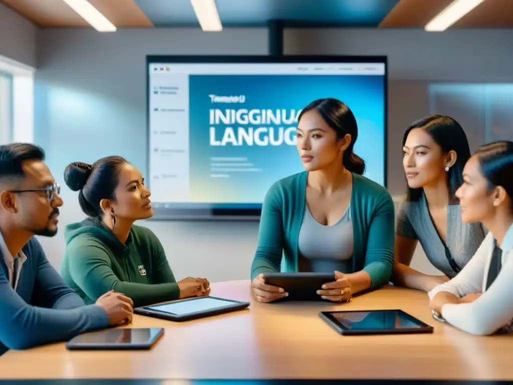 Profesores y estudiantes indígenas discuten en torno a una tableta digital en un aula moderna