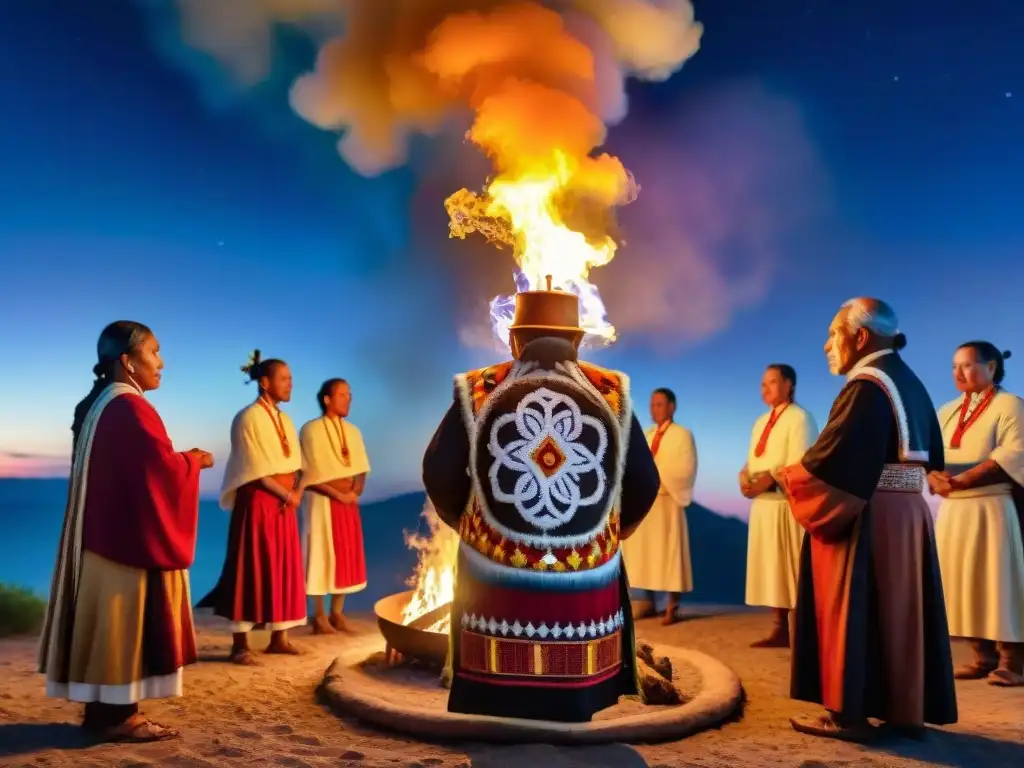 Profunda ceremonia con fuego sagrado, ancianos indígenas en atuendo tradicional bajo un cielo estrellado