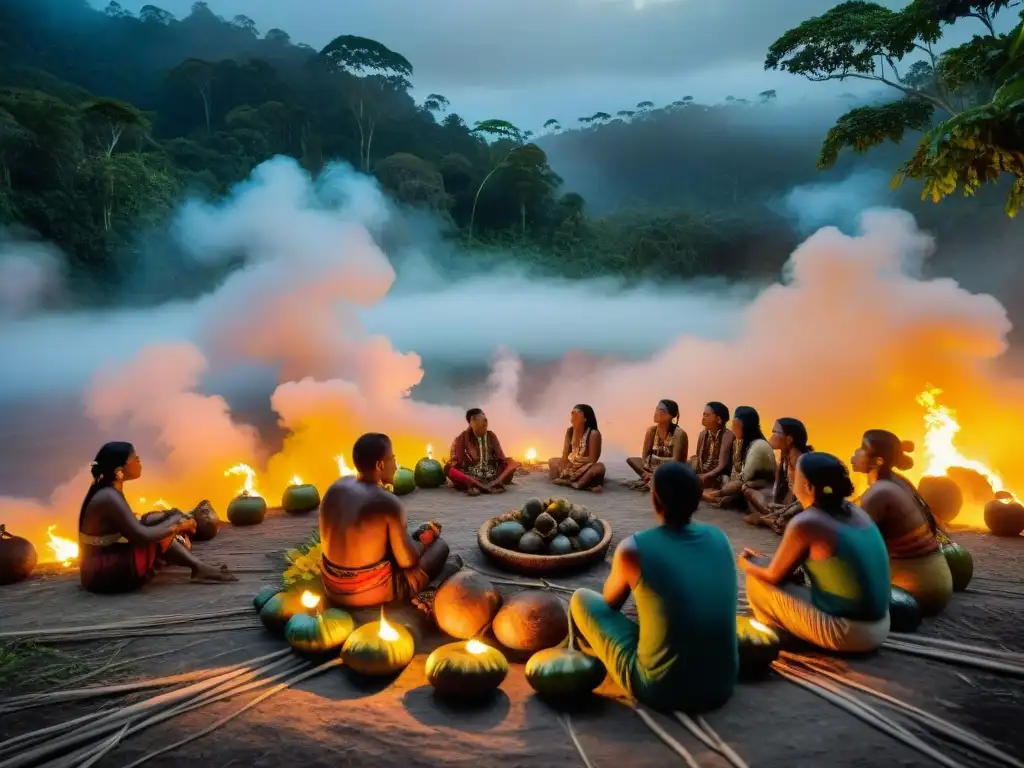 Profunda ceremonia Guayusa con leyendas amazónicas indígenas en la selva al amanecer