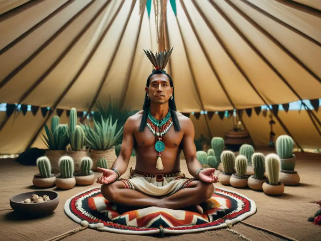 Profundo ritual con peyote en teepee iluminado, hombres nativos rodean cactus