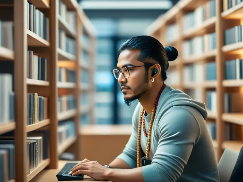 Programador indígena codifica en computadora rodeado de libros en idiomas indígenas, fusionando tradición y tecnología