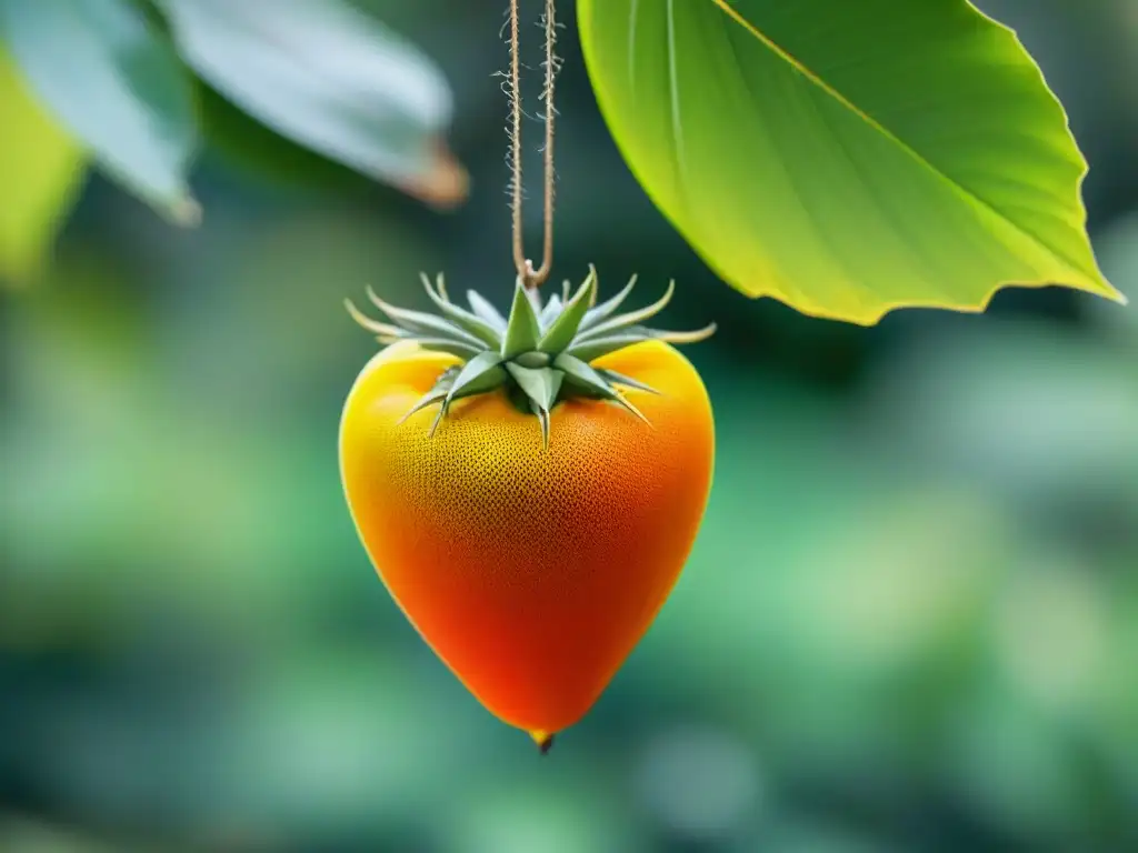 Propiedades curativas de la guanábana: Detalle de una madura guanábana colgando de un árbol, bañada por la luz entre las hojas tropicales