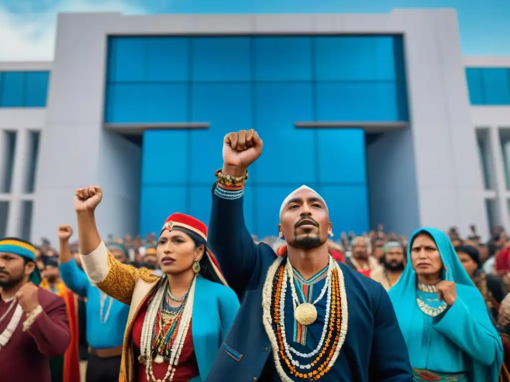 Protesta indígena en edificio gubernamental con vestimenta tradicional y puños en alto, reflejando la lucha y rebelión de Tupac Amaru II