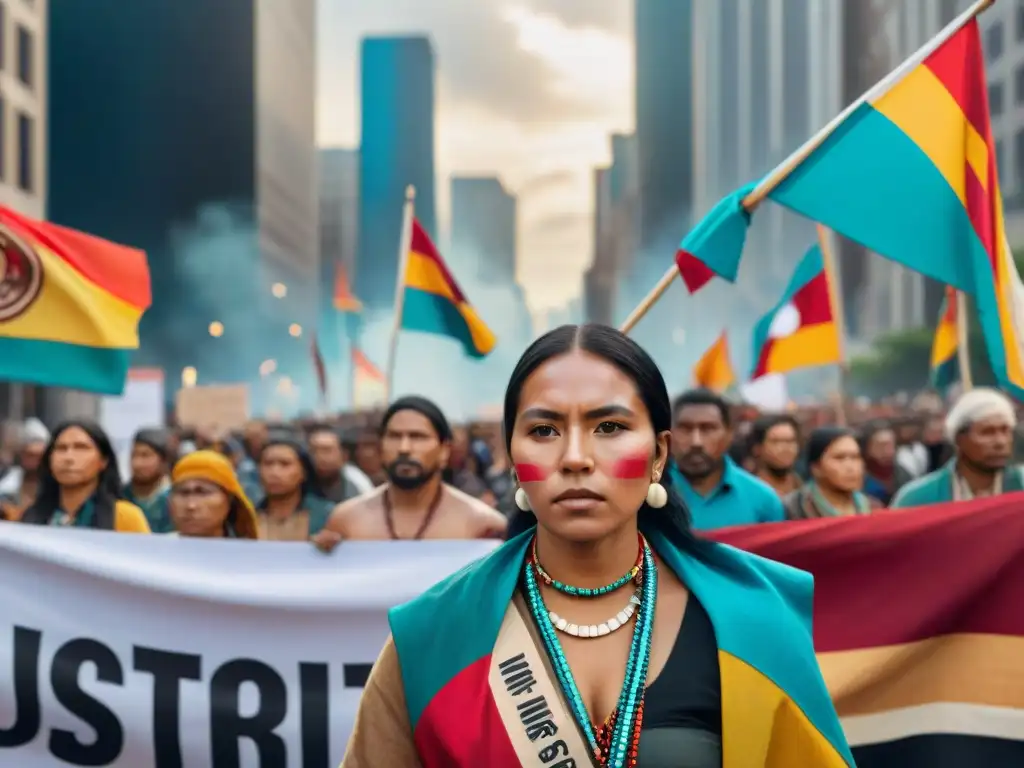 Protesta indígena en América: Grupo diverso de manifestantes nativos unidos con pancartas y banderas coloridas en una ciudad bulliciosa