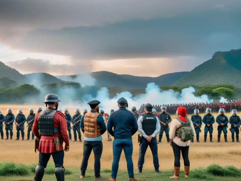 Protesta indígena en América: Grupo de manifestantes indígenas enfrentando a la policía en tierras ancestrales