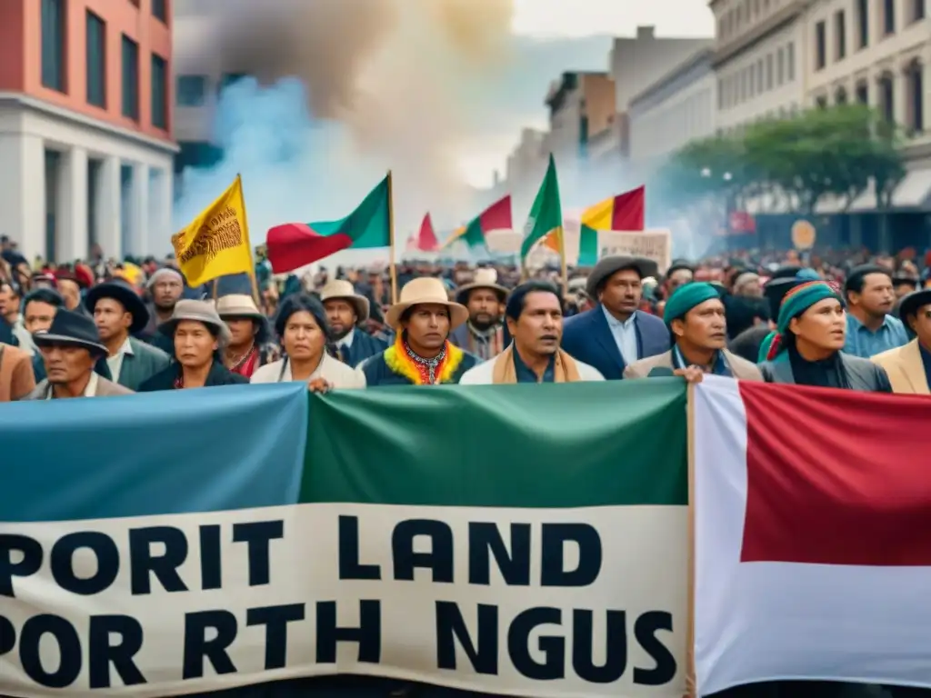 Protesta indígena en la Marcha por la Tierra de 1990: manifestantes con pancartas coloridas en la ciudad