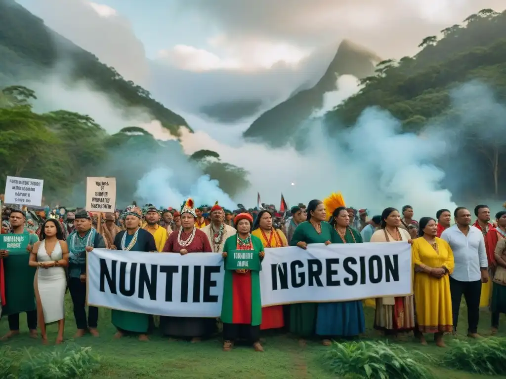 Protesta indígena en América: Grupo unido de manifestantes con atuendos tradicionales y carteles en su idioma nativo, en la selva