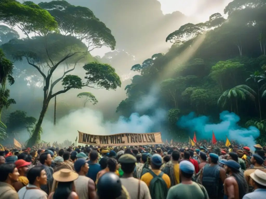 Una protesta indígena vibrante en la selva amazónica, con personas vestidas de forma tradicional, sosteniendo pancartas y cantando en su idioma