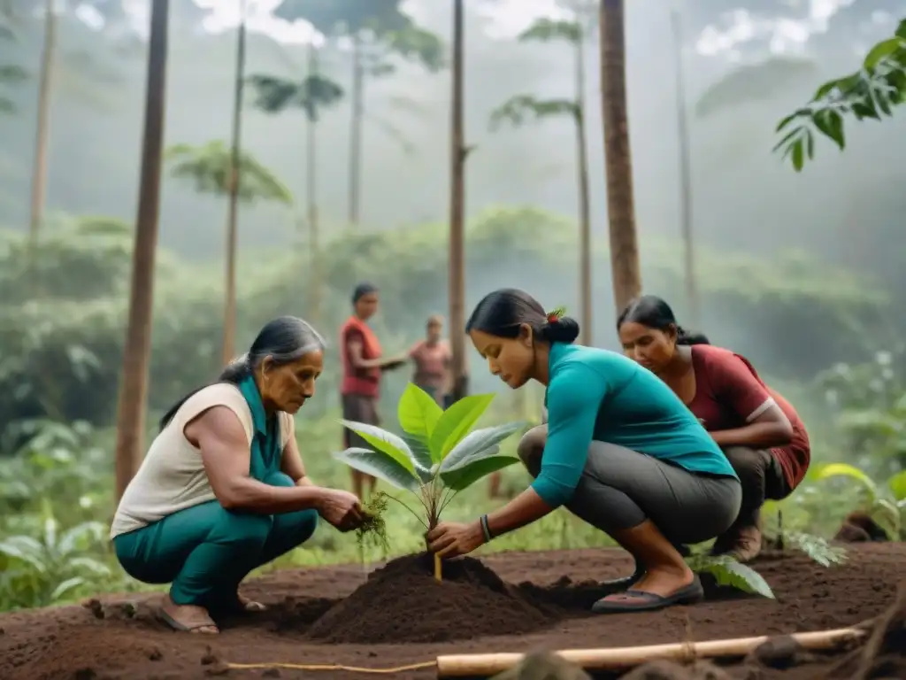 Proyectos de reforestación con comunidades indígenas: Un grupo diverso planta árboles en un bosque frondoso