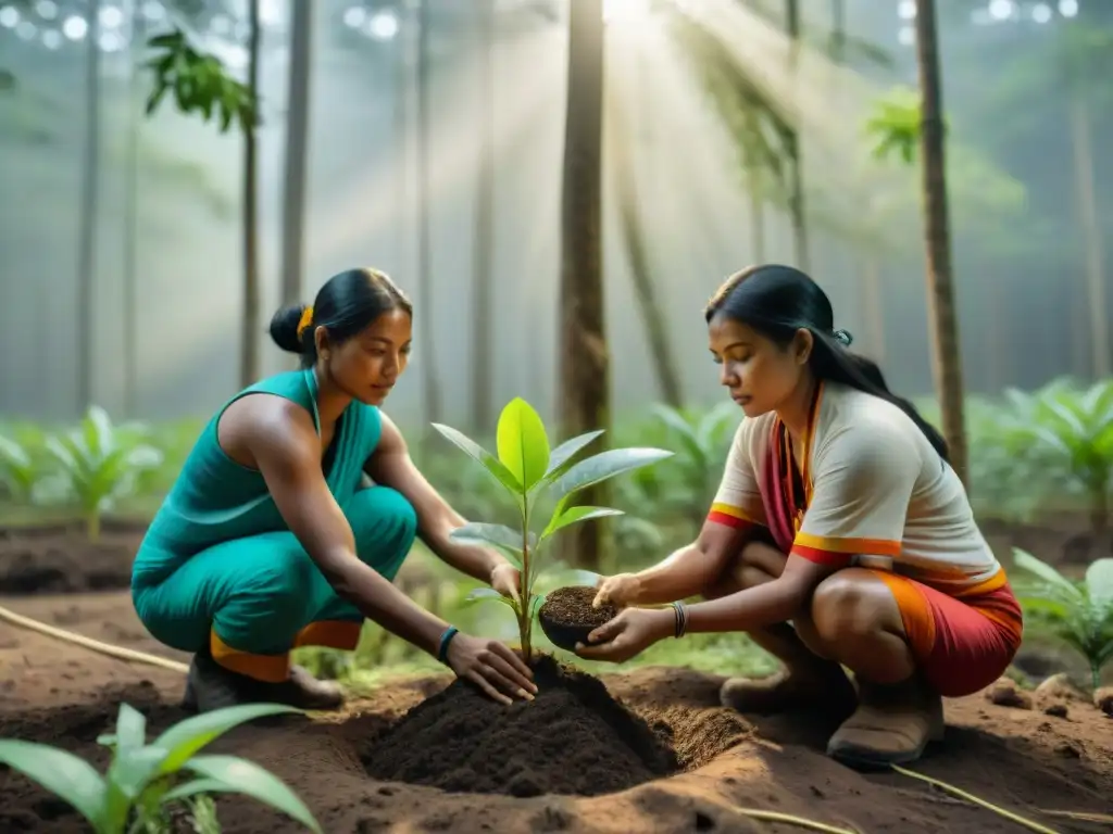 Proyectos de reforestación con comunidades indígenas: Manos sabias plantan vida en el bosque, entre rayos de sol y coloridas vestimentas