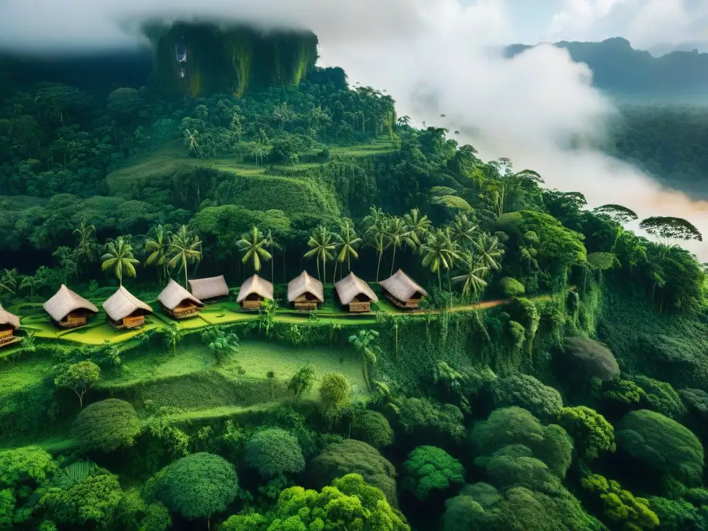 Un pueblo indígena tradicional se funde en armonía arquitectónica con la exuberante selva amazónica