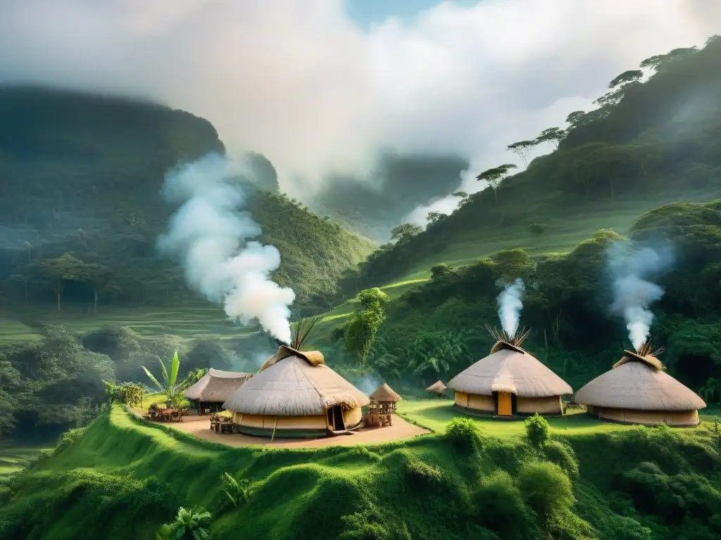 Un pueblo indígena tradicional en armonía con la naturaleza, exhibiendo la arquitectura sostenible de sus cabañas circulares de madera y paja