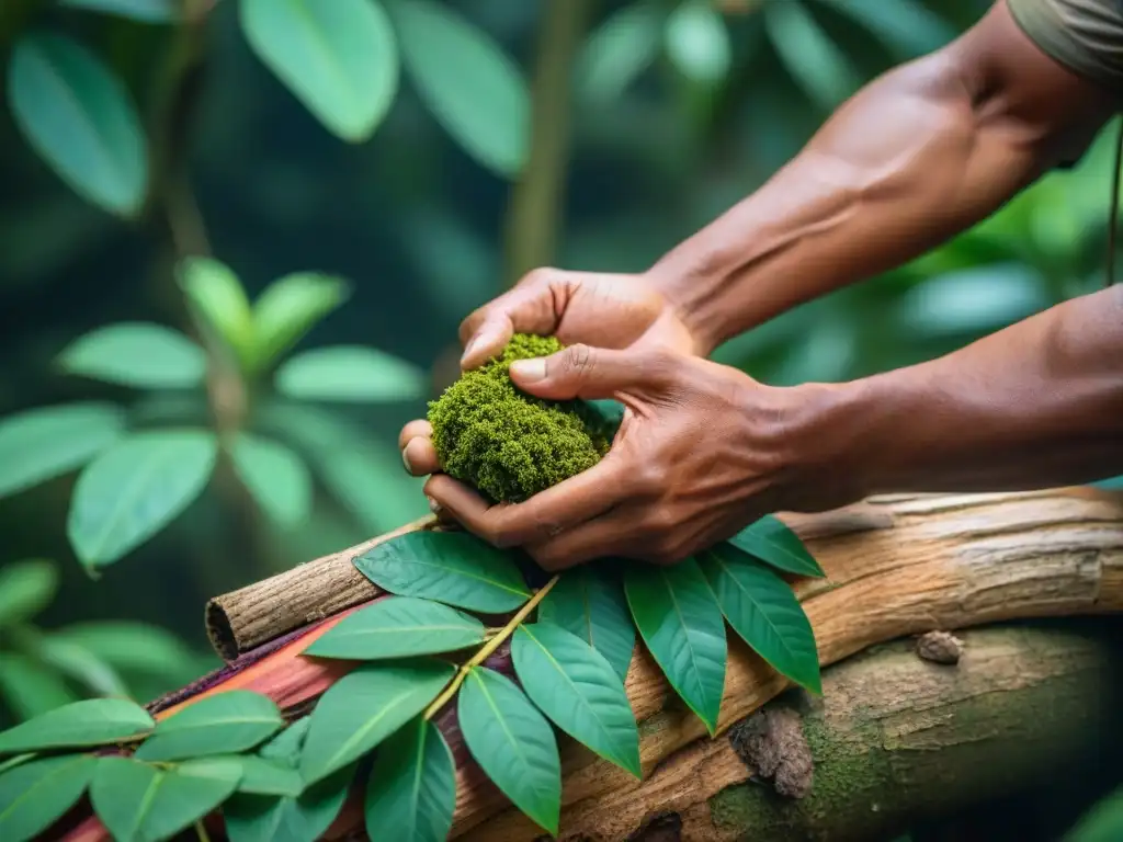 Un indígena hábil extrae quinina de un árbol de quina en la exuberante selva amazónica